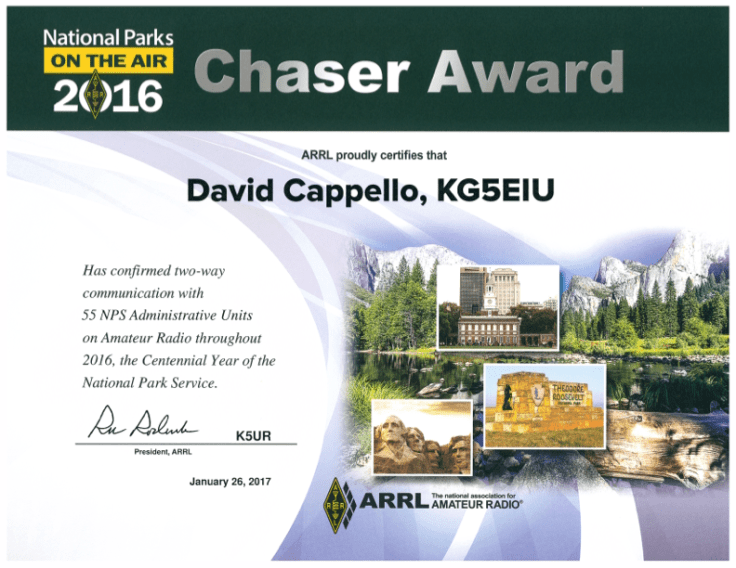 NPOTA KG5EIU Chaser Award 2016